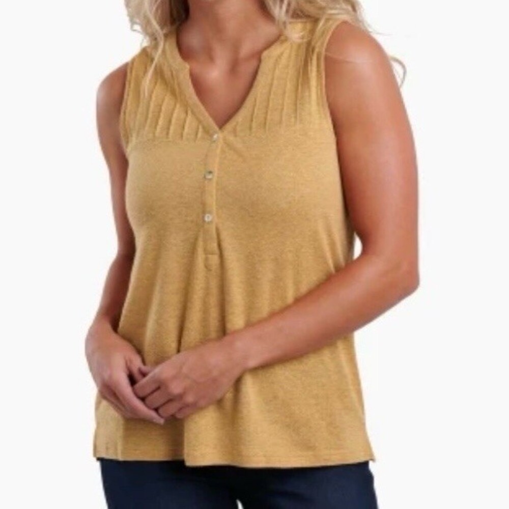 KÜHL Brisa Henley Tank Top Womens M Mustard Yellow Sleeveless Casual Hemp Blend